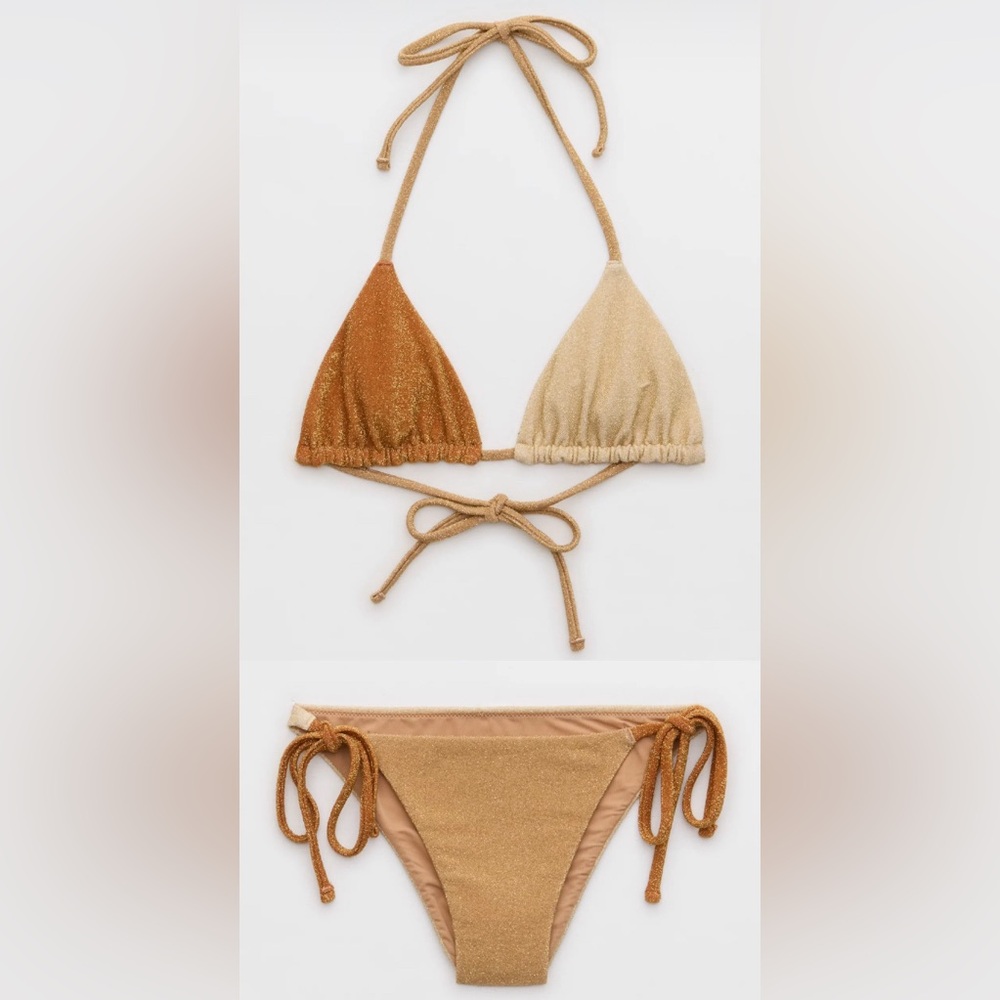 NWT Aerie FULL SET Sparkle String Triangle Top + String Bottom Gold Brown - M